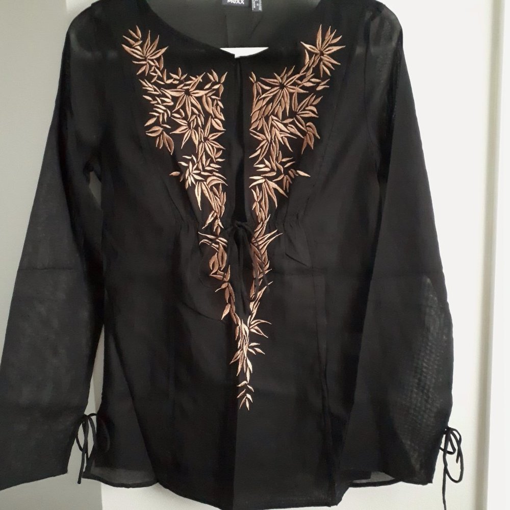 Mexx Black 100% Cotton Sheer Top with Golden Embroidery